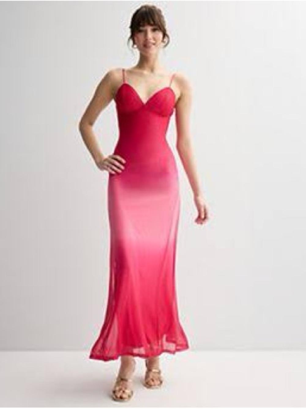 Ombre Red-to-Pink Slip Maxi Dress with Spaghetti Straps, lace up back & sparkle